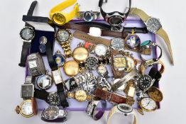 A TRAY OF ASSORTED LADIES AND GENTS FASHION WRISTWATCHES, POCKET WACTCHES AND PIN BADGES, mostly