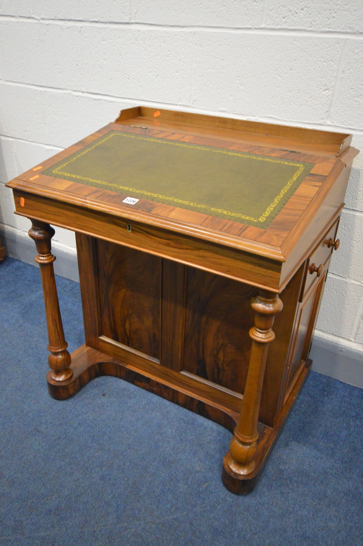 A REPRODUCTION WALNUT DAVENPORT, gallery top, green leather tooled inlaid lid, enclosing four - Image 2 of 5