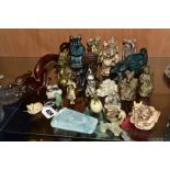 A GROUP OF EASTERN AND ORIENTAL BRONZE, RESIN AND HARDSTONE FIGURES, NETSUKE, ETC, including