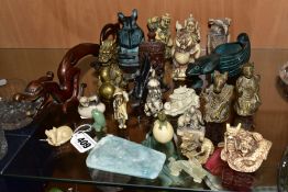 A GROUP OF EASTERN AND ORIENTAL BRONZE, RESIN AND HARDSTONE FIGURES, NETSUKE, ETC, including