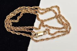 A YELLOW METAL ROPE TWIST CHAIN, fitted with a lobster claw clasp, stamped '375', length 480mm,