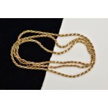 A 9CT GOLD ROPE TWIST CHAIN, fitted with a lobster claw clasp, hallmarked 9ct gold London import,