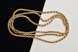 A 9CT GOLD ROPE TWIST CHAIN, fitted with a lobster claw clasp, hallmarked 9ct gold London import,