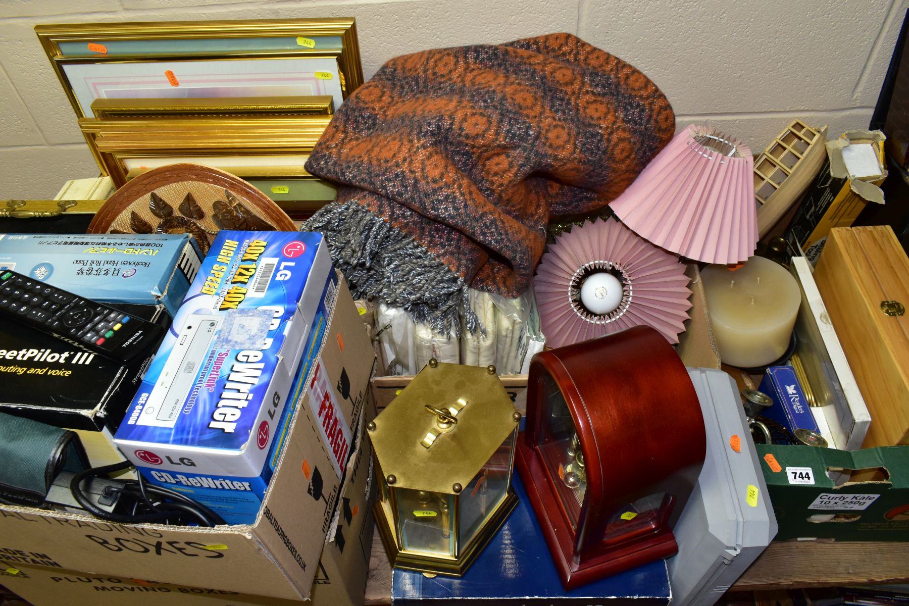 FIVE BOXES AND LOOSE SUNDRY ITEMS, PICTURES, ETC, to include brasswares (door knocker, ornaments