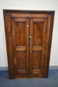A STAINED PINE TWO DOOR HALL ROBE, incorporating older timers, width 111cm x depth 42cm x height