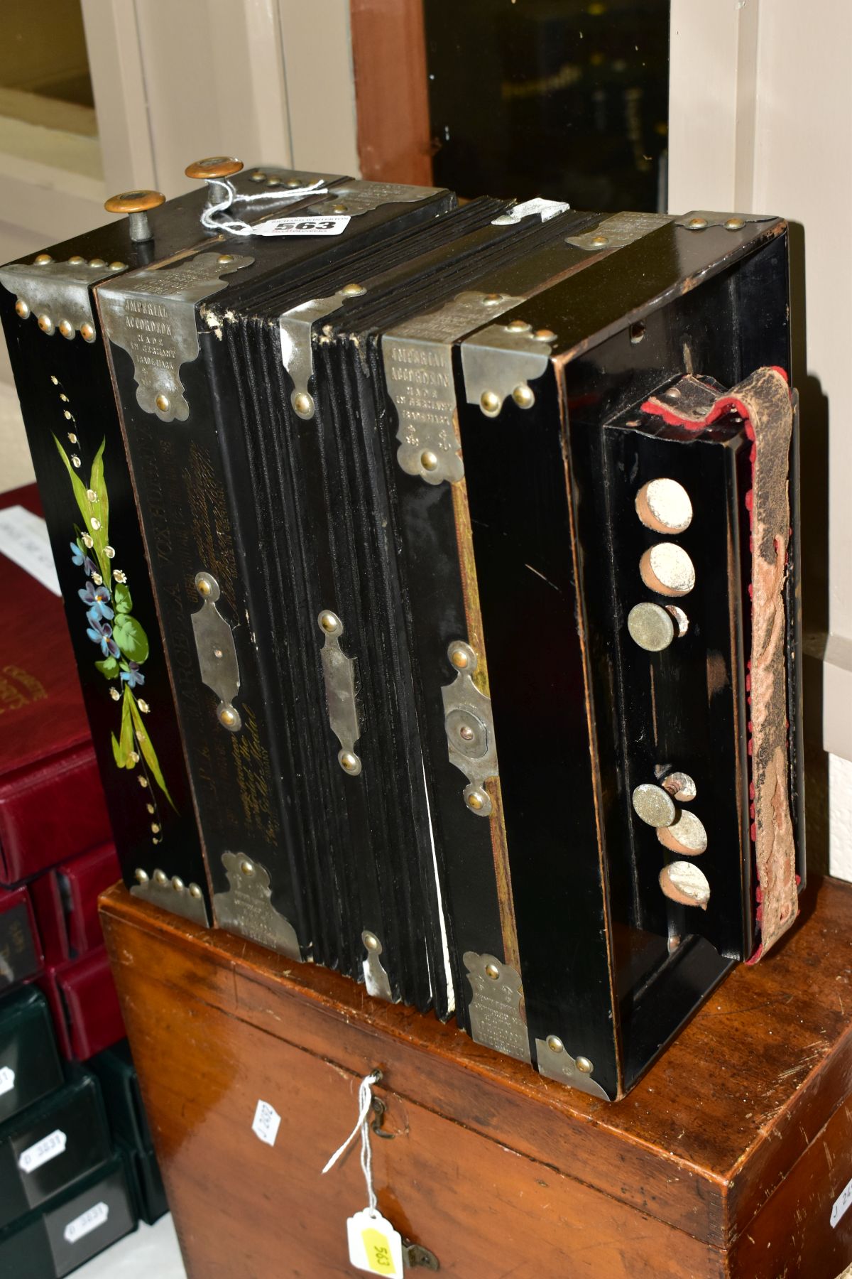 A LATE 19TH CENTURY CASED GERMAN IMPERIAL MARCELLA VOX HUMANA ACCORDIAN, with ten buttons, - Image 5 of 8