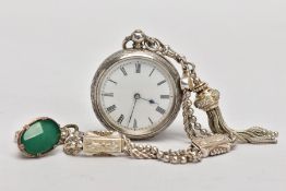 A SILVER OPEN FACE POCKET WATCH WITH ALBERTINA, the pocket watch, white dial, Roman numerals, blue