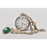 A SILVER OPEN FACE POCKET WATCH WITH ALBERTINA, the pocket watch, white dial, Roman numerals, blue