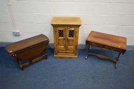 A HARDWOOD TWO DOOR CABINET with a single drawer, width 54cm x depth 37cm x height 80cm (losses),