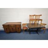 AN OAK DRAW LEAF TABLE (Sd), four beech bentwood style chairs and a 1940's sideboard (6)