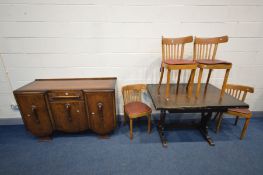 AN OAK DRAW LEAF TABLE (Sd), four beech bentwood style chairs and a 1940's sideboard (6)