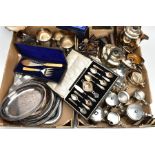 TWO BOXES OF MAINLY SILVER PLATED WARE, to include an EPNS four piece tea service, two Elkington &
