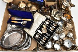 TWO BOXES OF MAINLY SILVER PLATED WARE, to include an EPNS four piece tea service, two Elkington &