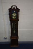 A MODERN MAHOGANY LONGCASE CLOCK, swan neck pediment and finial to hood, arch glazed door