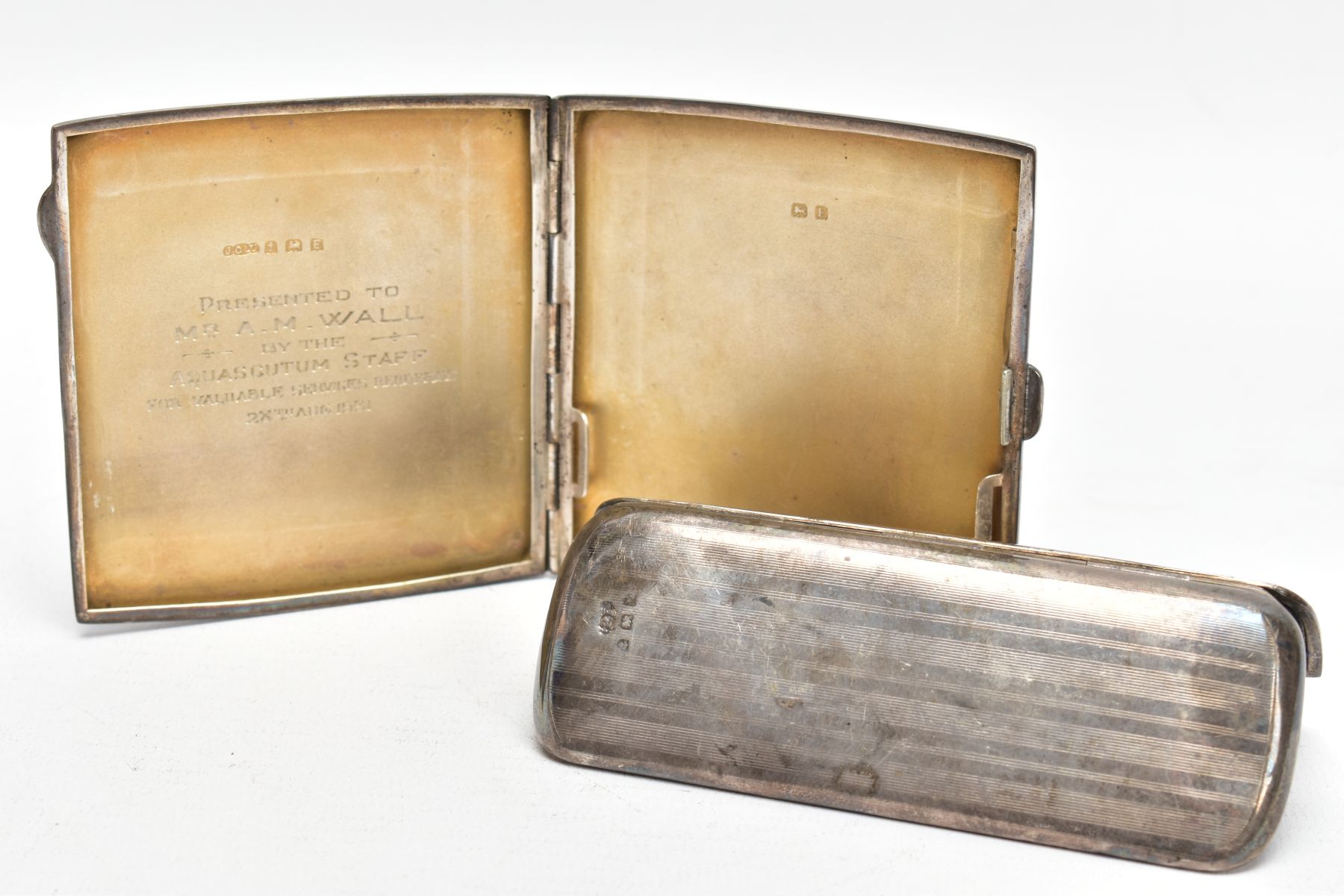 A SILVER CIGARETTE CASE AND GLASSES CASE, the cigarette case of an engine turned design, engraved - Image 2 of 4