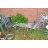 A PAIR OF GALVANISED METAL GARDEN CHAIRS AND MATCHING OCCASSIONAL TABLE, with flat bar slatted
