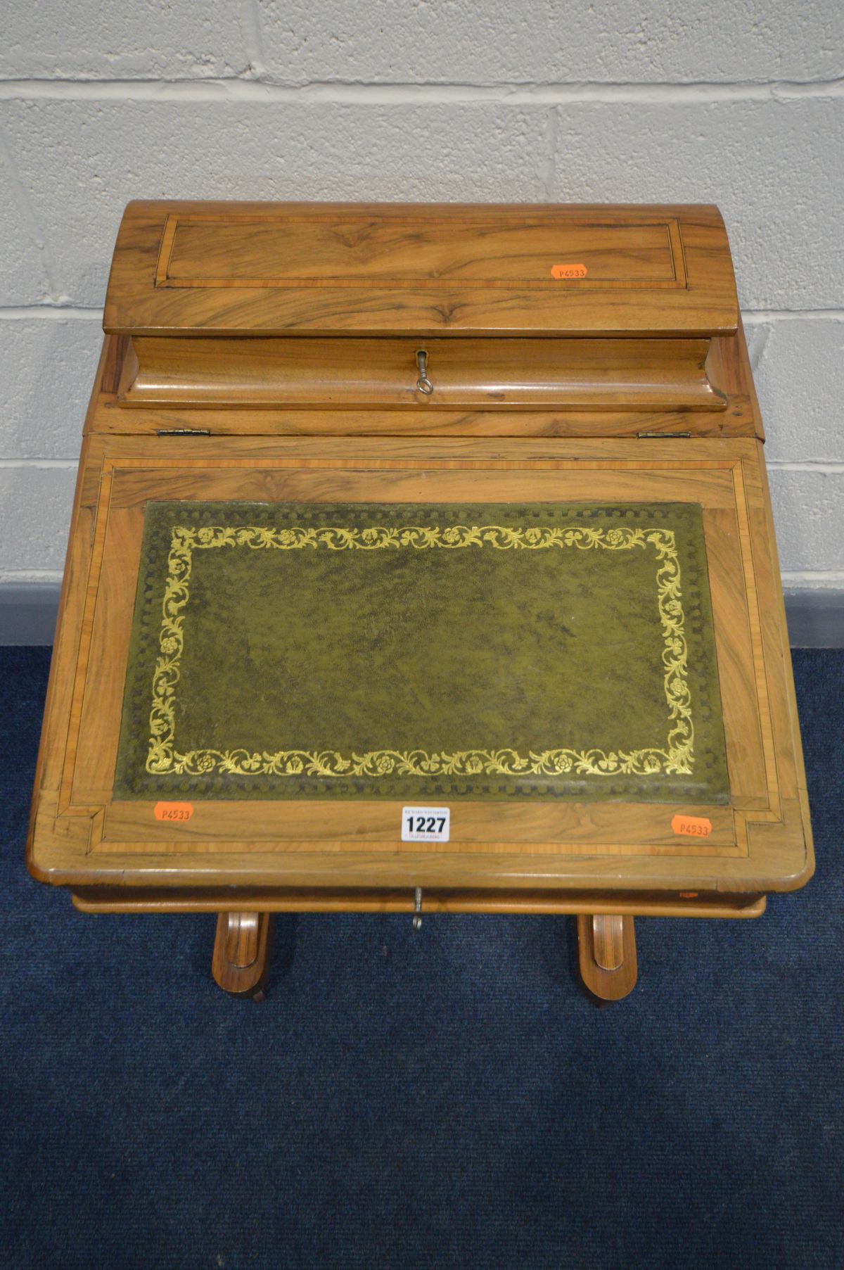 A 19TH CENTURY WALNUT AND INLAID DAVENPORT, a stationery compartment above a lid enclosing four - Image 2 of 5