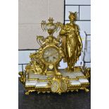 A MID 19TH CENTURY FRENCH GILT METAL, ALABASTER AND FIGURAL MANTEL CLOCK, the female figure