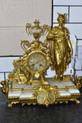 A MID 19TH CENTURY FRENCH GILT METAL, ALABASTER AND FIGURAL MANTEL CLOCK, the female figure