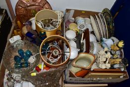 TWO BOXES OF CERAMICS AND GLASSWARE, to include a Wade Heath jug moulded with a sail ship design,