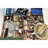 TWO BOXES OF ASSORTED WHITE METALWARE, to include a five-piece white metal tea service set, a