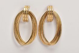 A PAIR OF 9CT GOLD HOOP EARRINGS, each designed with three intertwined gold wires of an oval drop