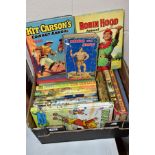 A BOX OF CHILDRENS BOOKS AND ANNUALS, to include Rupert, Kit Carson, Robin Hood, Buffalo Bill, etc