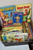 A BOX OF CHILDRENS BOOKS AND ANNUALS, to include Rupert, Kit Carson, Robin Hood, Buffalo Bill, etc