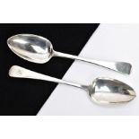 TWO GEORGE III SILVER SERVING SPOONS, each of an old English pattern, engraved monogram to the