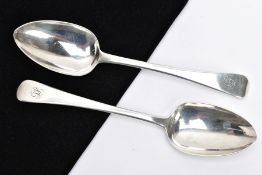 TWO GEORGE III SILVER SERVING SPOONS, each of an old English pattern, engraved monogram to the