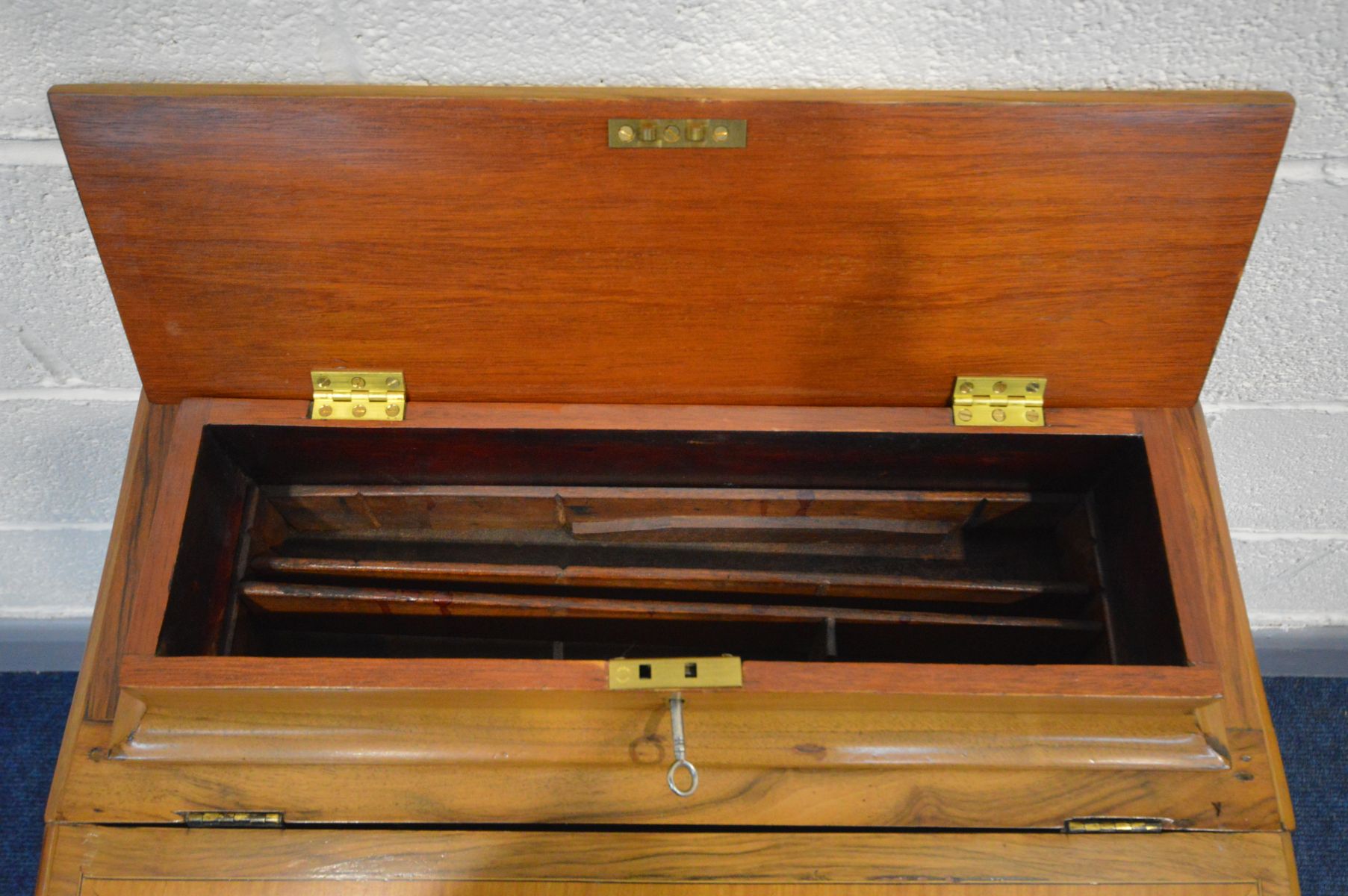 A 19TH CENTURY WALNUT AND INLAID DAVENPORT, a stationery compartment above a lid enclosing four - Image 3 of 5