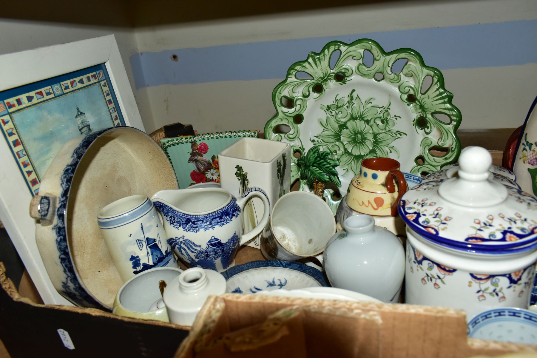 FIVE BOXES OF MISCELLANEOUS CERAMICS, including West German vase with fat larva shoulders, Denby - Image 10 of 11