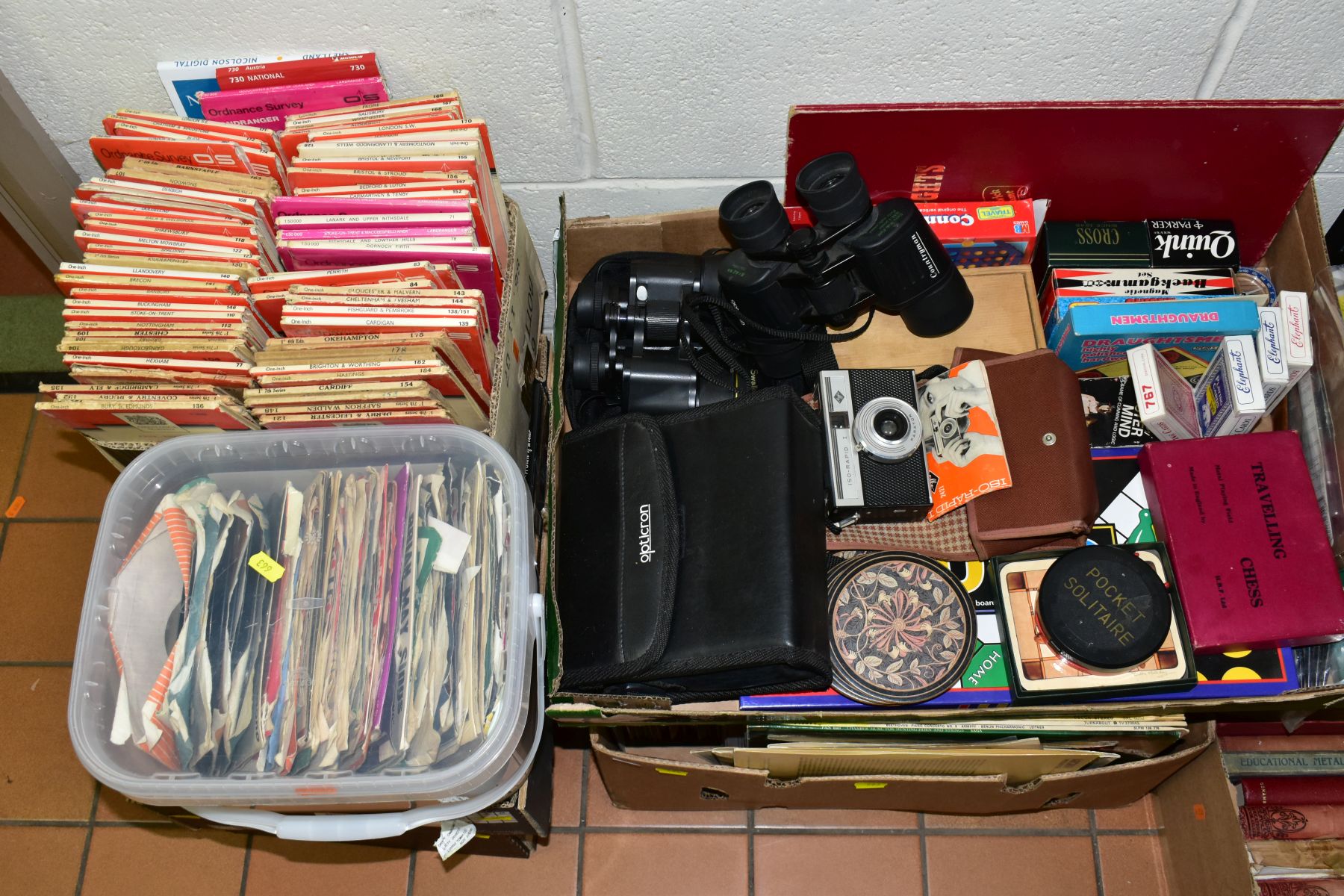 SIX BOXES OF LP'S, SINGLES RECORDS, CDS, DVDS, ONE INCH FOLDED MAPS, GAMES, BINOCULARS, etc, the