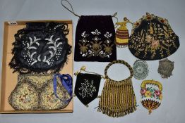 A COLLECTION OF GEORGIAN AND VICTORIAN PURSES including embroidered, beaded, crocheted, goldwork