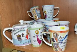 A JOHNSON BROTHERS 'BORN TO SHOP' PORCELAIN TEAPOT AND 'ELEVEN BORN TO SHOP' MUGS, two mugs by a