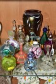 A COLLECTION OF MODERN GLASS PERFUME BOTTLES, ETC, including a Barker Daysh perfum bottle, a