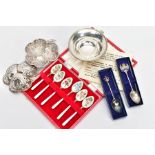 A SELECTION OF SILVER ITEMS, to include a cased set of six guilloche enamelled coffee spoons with