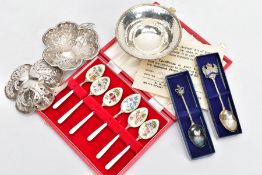 A SELECTION OF SILVER ITEMS, to include a cased set of six guilloche enamelled coffee spoons with