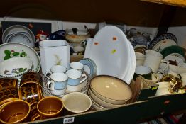 FOUR BOXES OF ASSORTED CERAMICS, including Portmeirion Botanic Garden bowls, Hornsea Heirloom coffee