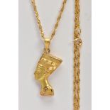 A YELLOW METAL PENDANT NECKLACE, the pendant in the form of the Egyptian Queen Nefertiti fitted with