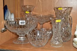 A WATERFORD CRYSTAL CONICAL VASE WITH WAVY RIM AND SEVEN PIECES OF STUART CRYSTAL, Waterford vase