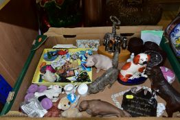 A BOX AND LOOSE ORNAMENTS AND SUNDRY ITEMS, ETC, to include Royal Doulton Persian cat stalking