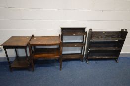 FOUR VARIOUS PIECES OF OAK FURNITURE, to include two open bookcases, drinks trolley and an