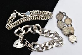 A SILVER CHARM BRACELET AND TWO OTHERS, to include a heavy, large curb link charm bracelet each link