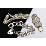 A SILVER CHARM BRACELET AND TWO OTHERS, to include a heavy, large curb link charm bracelet each link