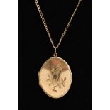 A 9CT GOLD LOCKET NECKLACE, the locket of an oval form, engraved floral design to the front, opens