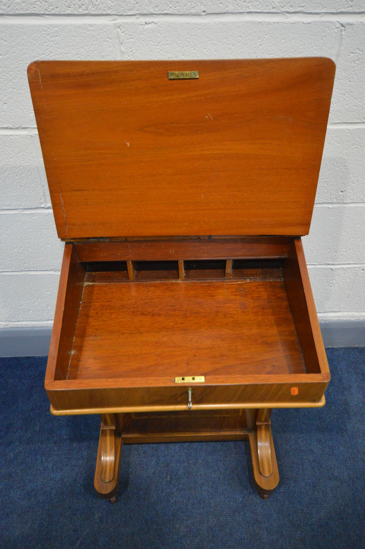 A 19TH CENTURY WALNUT AND INLAID DAVENPORT, a stationery compartment above a lid enclosing four - Image 4 of 5