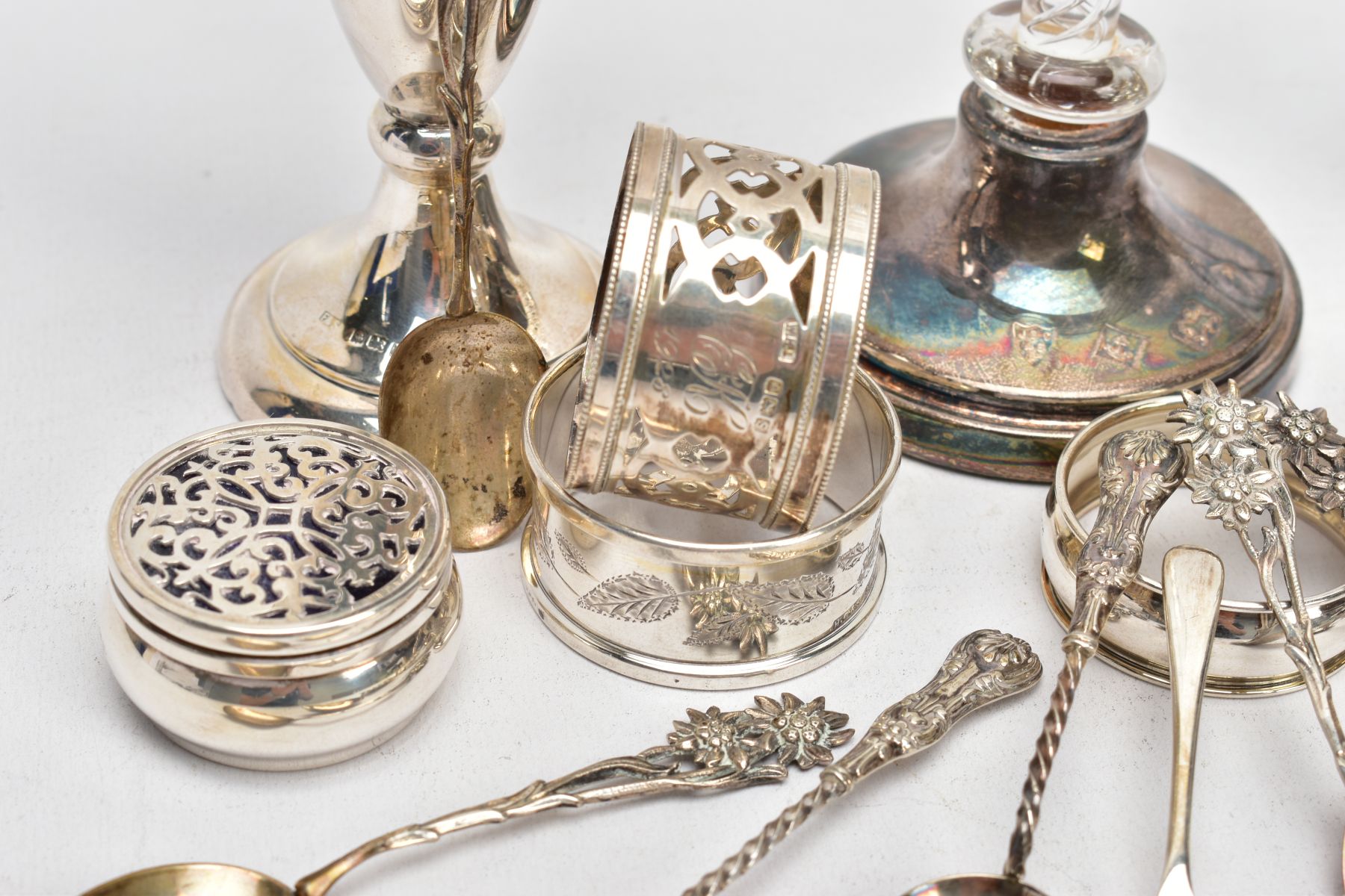 A SELECTION OF SILVERWARE, to include a silver bud vase, a further glass and silver bud vase, both - Image 6 of 8