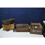 FIVE VINTAGE WOODEN CRATES including a Taylors Port bottle box with no lid, a Libby's Canned meat