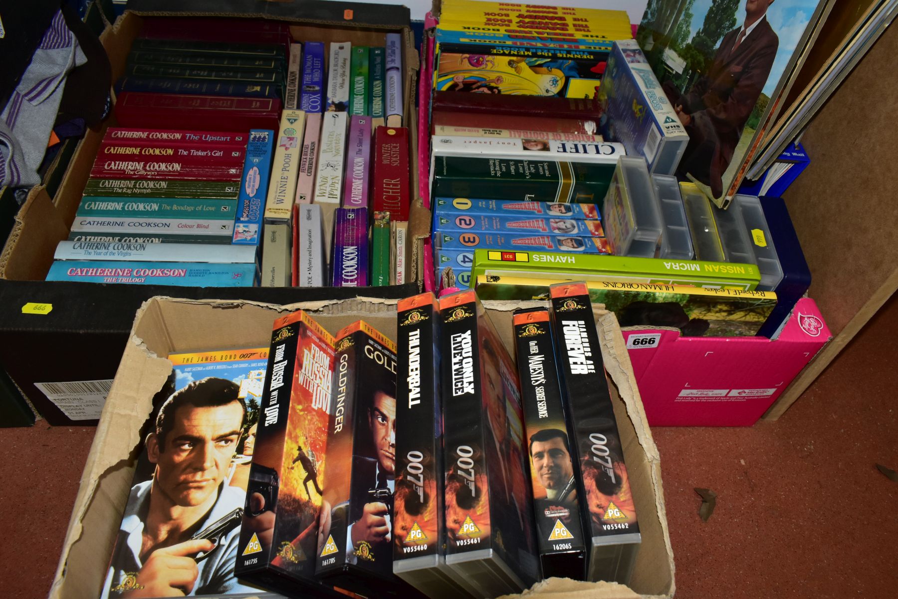 THREE BOXES OF BOOKS, VIDEOS AND VINYL RECORDS, to include the James Bond Collection of 20 VHS